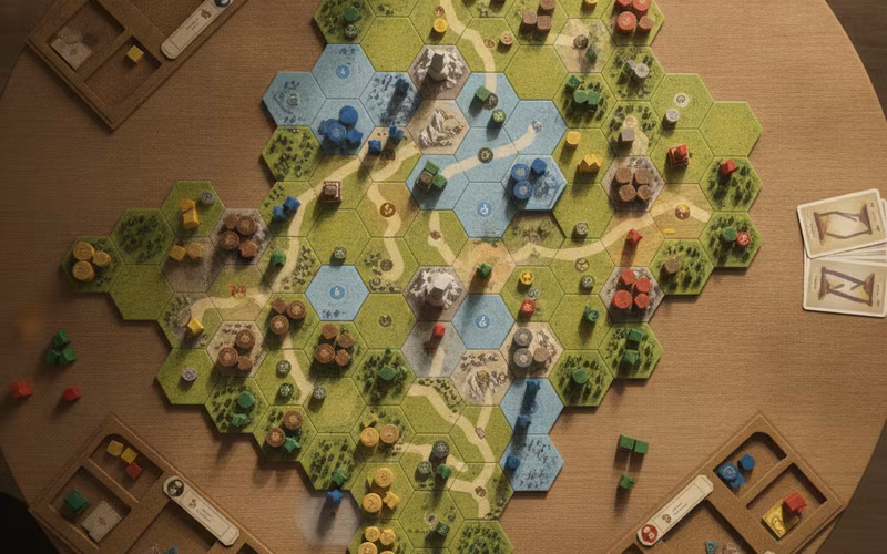Euro-style strategy board game mid play