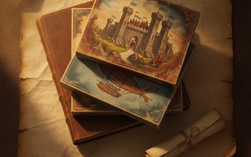 Vintage board game boxes on a library shelf