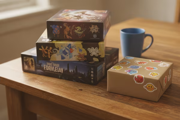 Three board games and a free gift on a customer's table