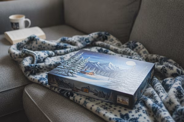 Deluxe winter-themed board game on a customer's couch