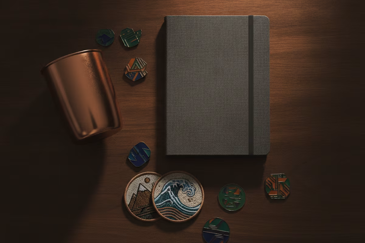 Free branded gift bundle: stickers, notebook and copper mug